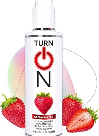 Turn on Strawberry Flavored Edible Lube 8 Ounce Premium Personal Lubricant, Long Lasting Formula for Condom Safe Vegan Ph Balanced Hypoallergenic & Paraben Free Intimacy, Oral Lube for Men & Women