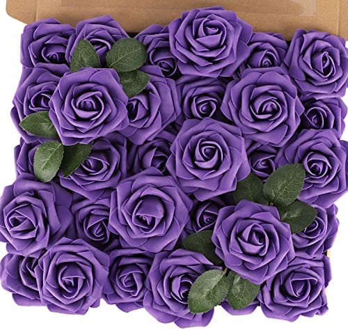 MACTING Artificial Flower Rose, 30pcs Real Touch Artificial Roses for DIY Bouquets Wedding Party Baby Shower Home Decor(Purple)
