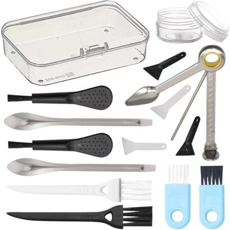 FANVA Black Scrapers, Brushes & Spoons Kit with 3 in 1 cleaning tool for Spice Grinder include 4 Pcs Scrapers,6 Pcs 3 Types of Brushes,2 Spoons,1 Pcs Plastic Jar and A Storage Box, White