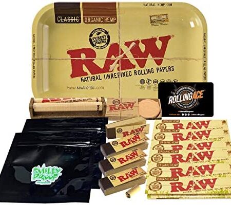 Rolling Ace King Size Organic - 16 Items Rolling Papers Bundle. Raw Rolling Tray, Raw Rolling Machine, Raw King Size Organic Rolling Papers, Raw Rolling Filter Tips, Smelly Proof Bags, Rolling Ace Scoop Card, Hydrostone